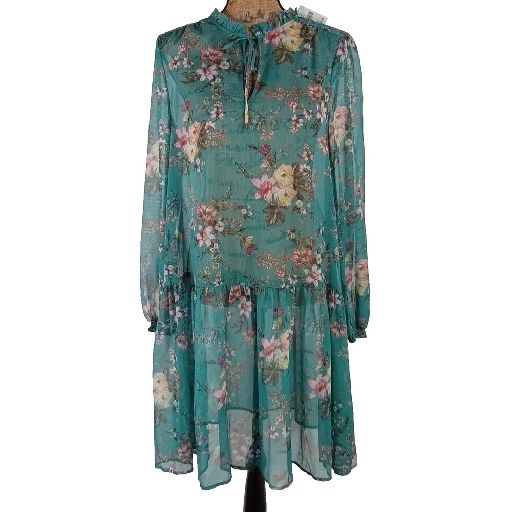 NWT Maeve Anthropologie Dress MED Green Floral Tunic‎ Semi Sheer Boho